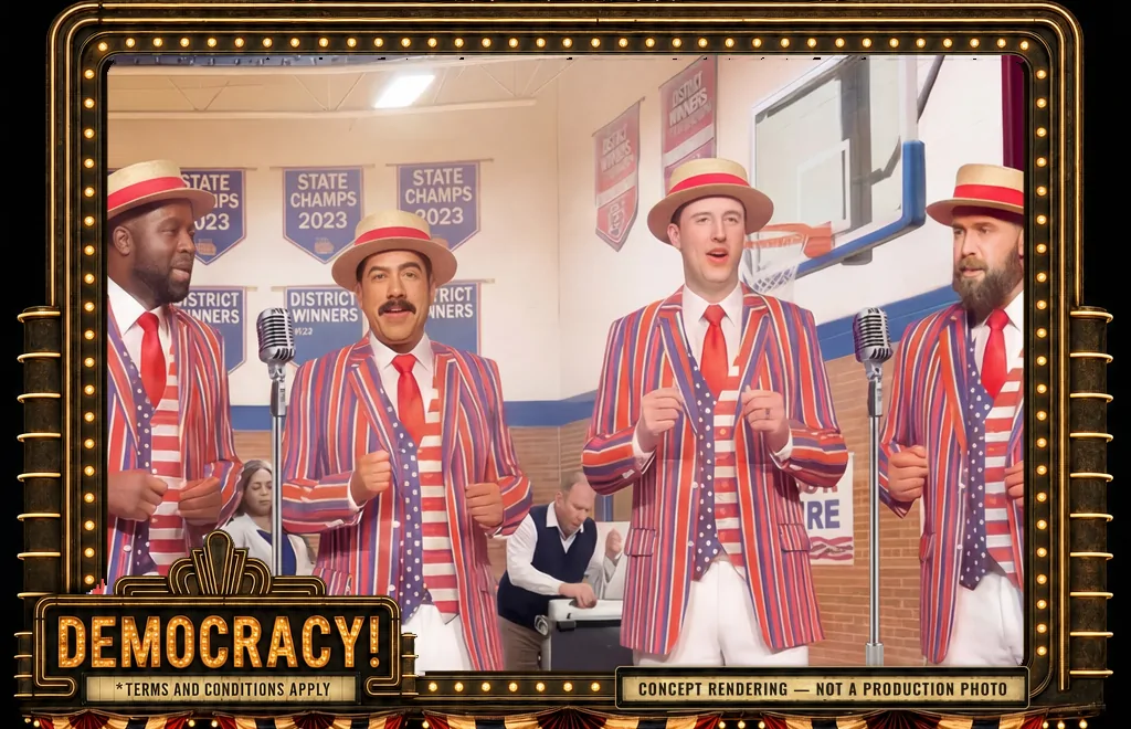 Barbershop quartet in striped jackets performing in a school-gym polling place