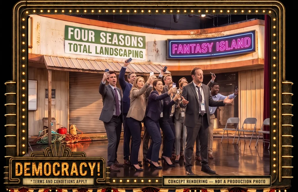Four Seasons cast celebrating on the landscaping storefront set, phones raised