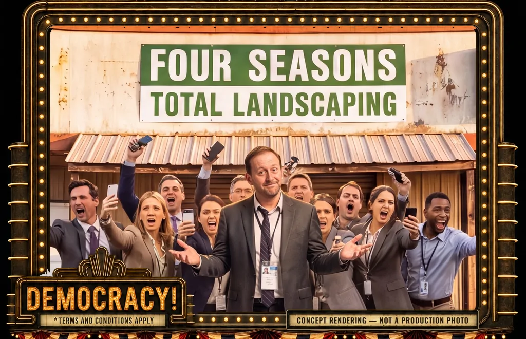 Campaign staff in suits and lanyards cheering with phones raised outside the Four Seasons Total Landscaping storefront