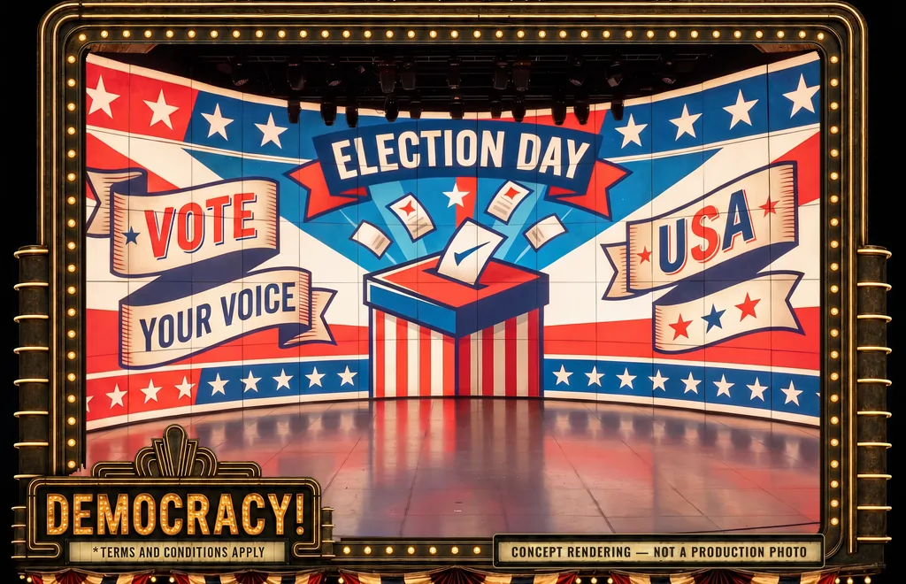 Empty stage before the show, an Election Day USA -- Vote Your Voice banner filling the LED wall