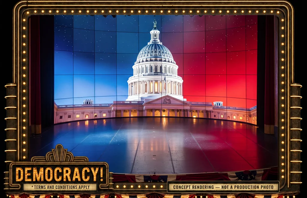 Empty stage with the Capitol dome glowing on a red-and-blue LED wall