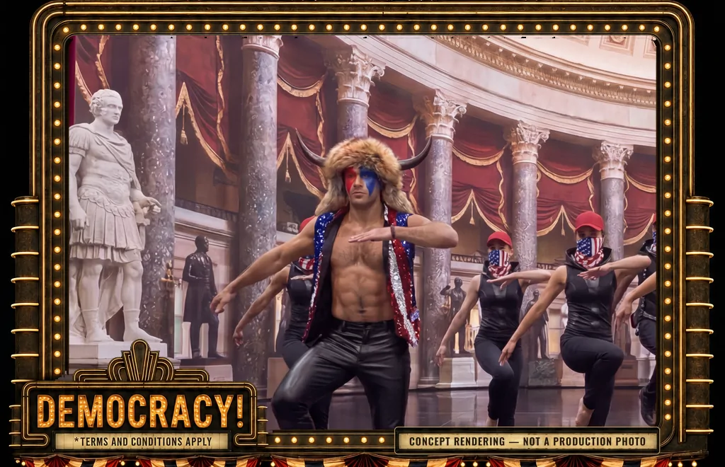 Costumed ensemble posed among the statues of Statuary Hall