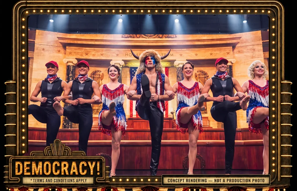 Low-angle view of the ensemble storming the House Chamber set