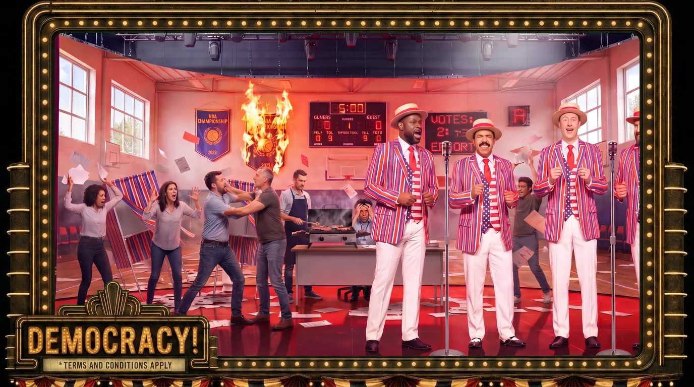 Election Day USA - Meltdown: An apocalyptic gym -- swirling ballots and the sizzling-steaks gag.