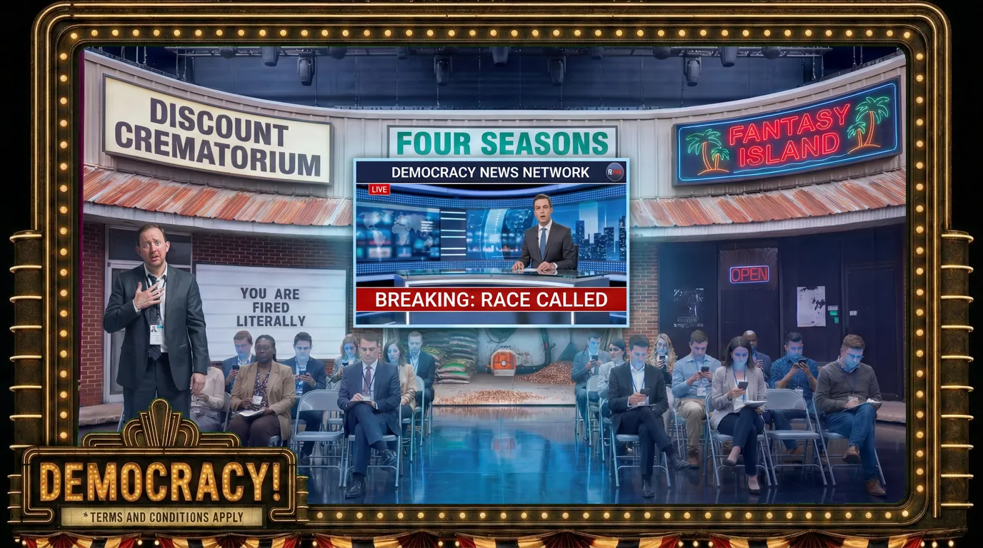 Ballad of Four Seasons Total Landscaping - The Interruption: "BREAKING: RACE CALLED" cuts in; the press buried in their phones.