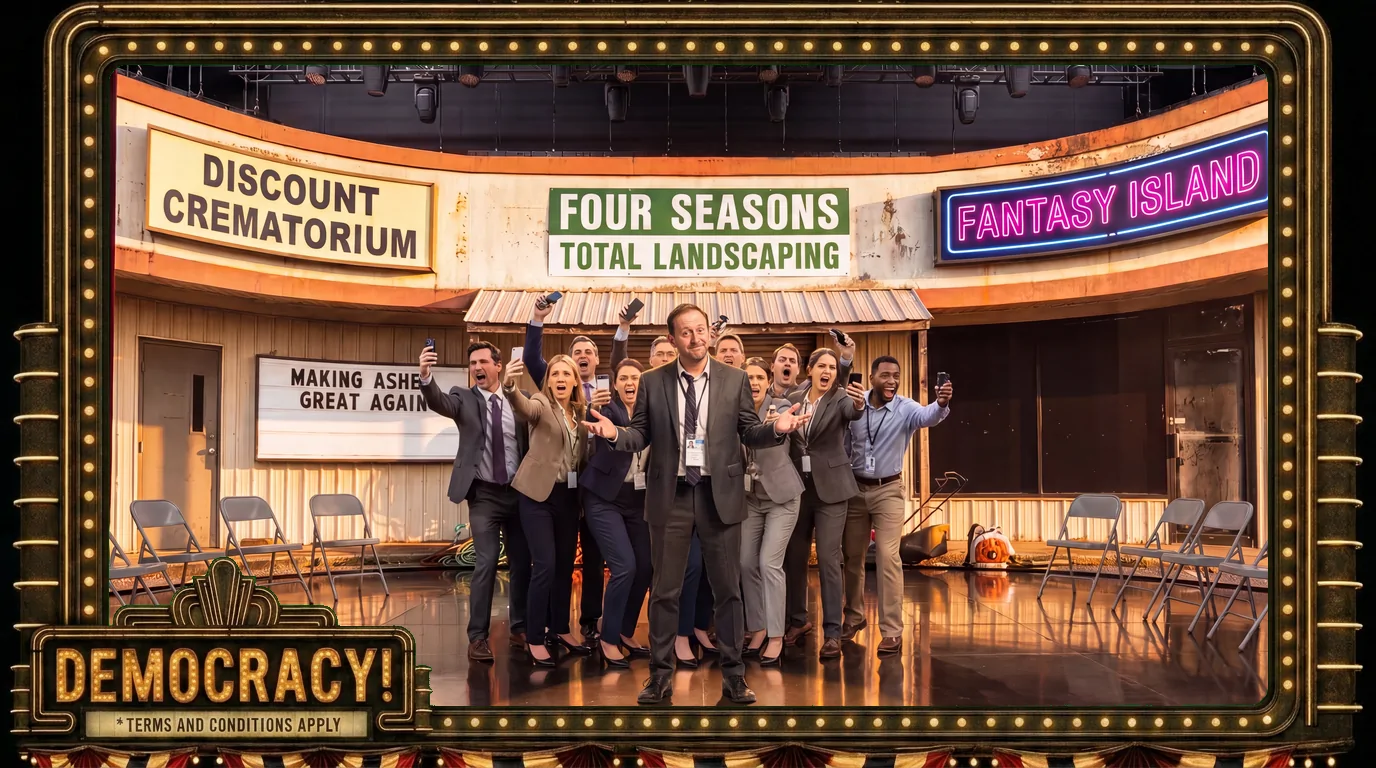 Ballad of Four Seasons Total Landscaping - Triumphant Disaster: The marquee flips to "MAKING ASHES GREAT AGAIN" as the room erupts.