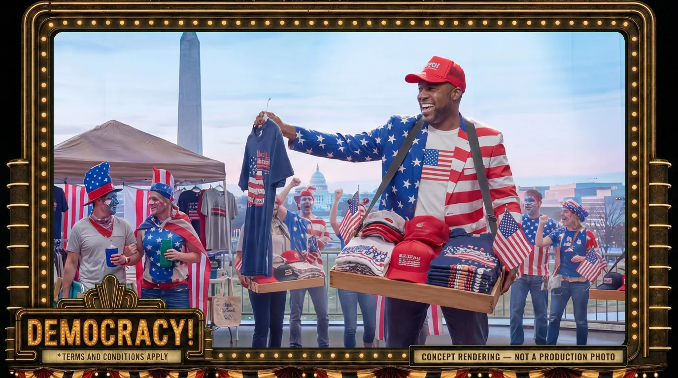 Stop the Steal, Buy Our Merch - The Merch Cart: A flag-jacketed hawker works the crowd, a tray of caps and shirts held high.