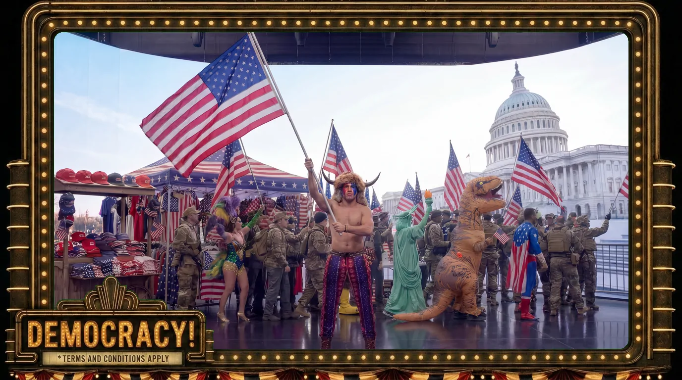 Stop the Steal, Buy Our Merch - Arrival: The Capitol head-on, a wide V-formation, the flag raised high.