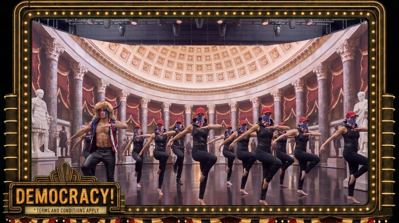 Storm the Capitol But Make It Fashion - Statuary Hall: The fashion-dance corps drilling in unison among the statue ranks.