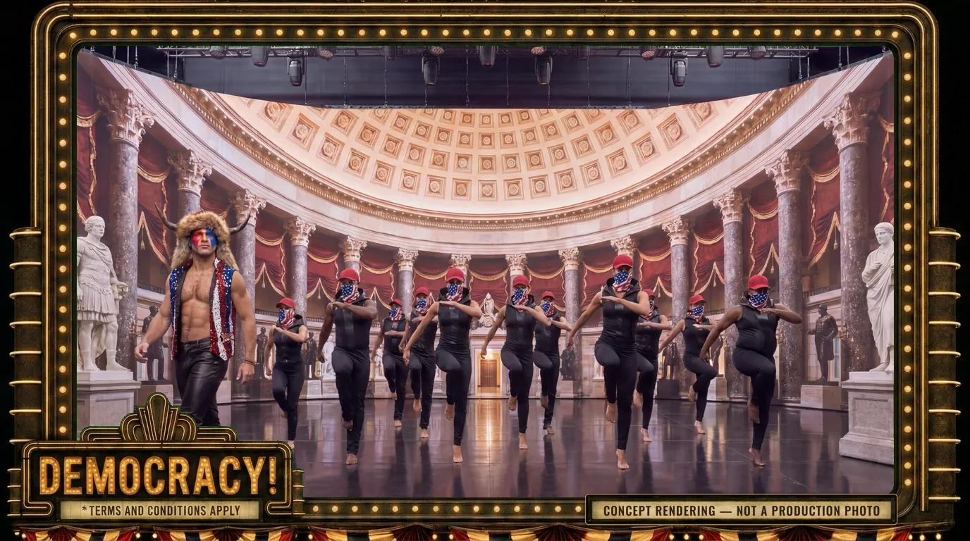 Storm the Capitol But Make It Fashion - The Shaman Leads: The Shaman struts downstage as the corps falls in behind him.
