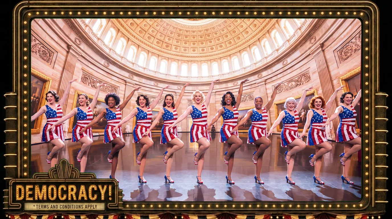 Storm the Capitol But Make It Fashion - The Rotunda: Sequined flag showgirls beneath the coffered dome.