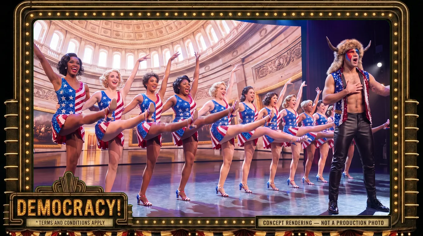 Storm the Capitol But Make It Fashion - The Kick-Line: A three-quarter view down the line, every kick in unison under the dome.