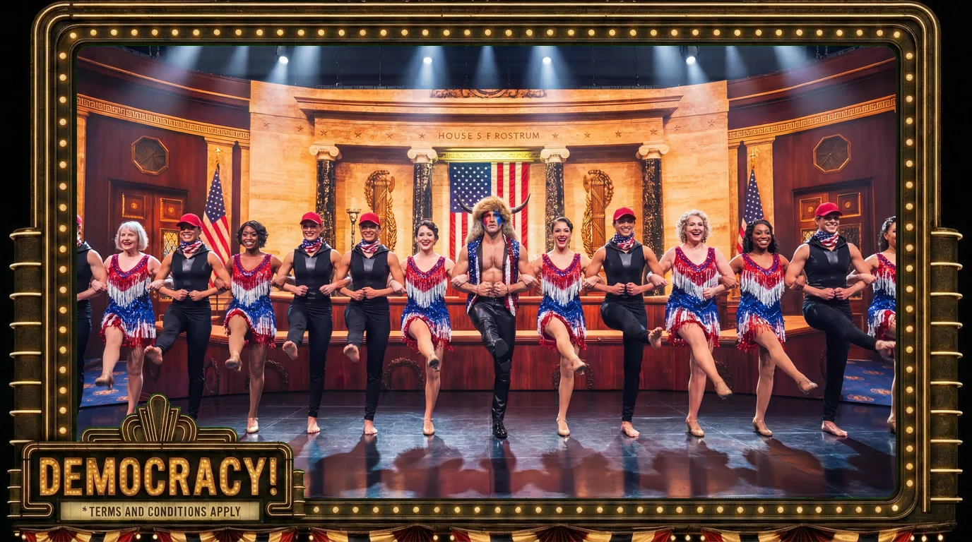 Storm the Capitol But Make It Fashion - The House Chamber: Both troupes fused into one high kick-line, the Shaman dead center.