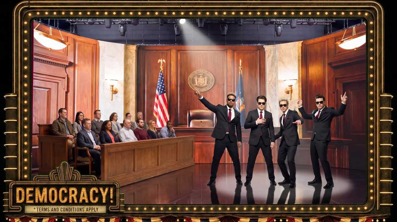 Sue Me Baby One More Time - The Argument: The four boy-band lawyers in triumphant swagger before the bench.