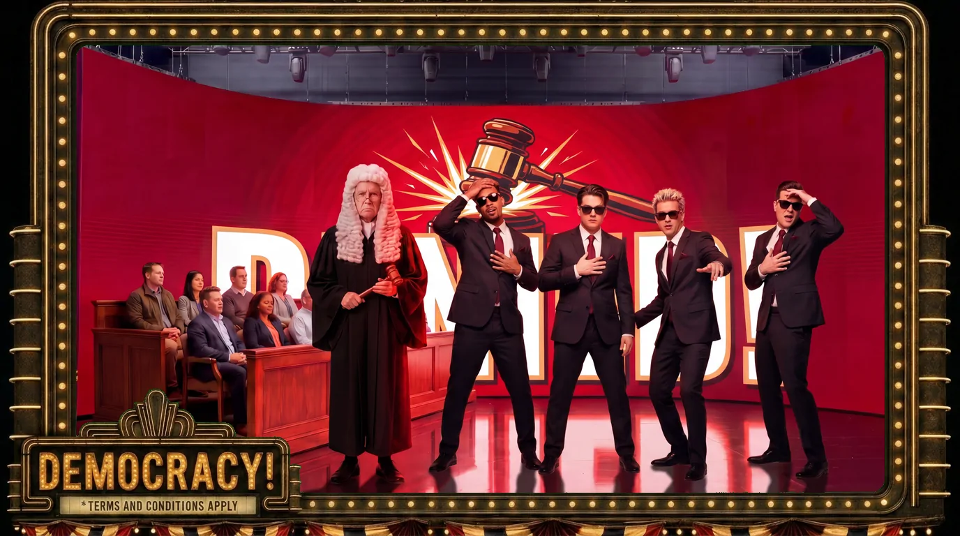 Sue Me Baby One More Time - Denied: A full-screen "DENIED!" gavel wall; the powdered-wig judge downstage as the band crumples.
