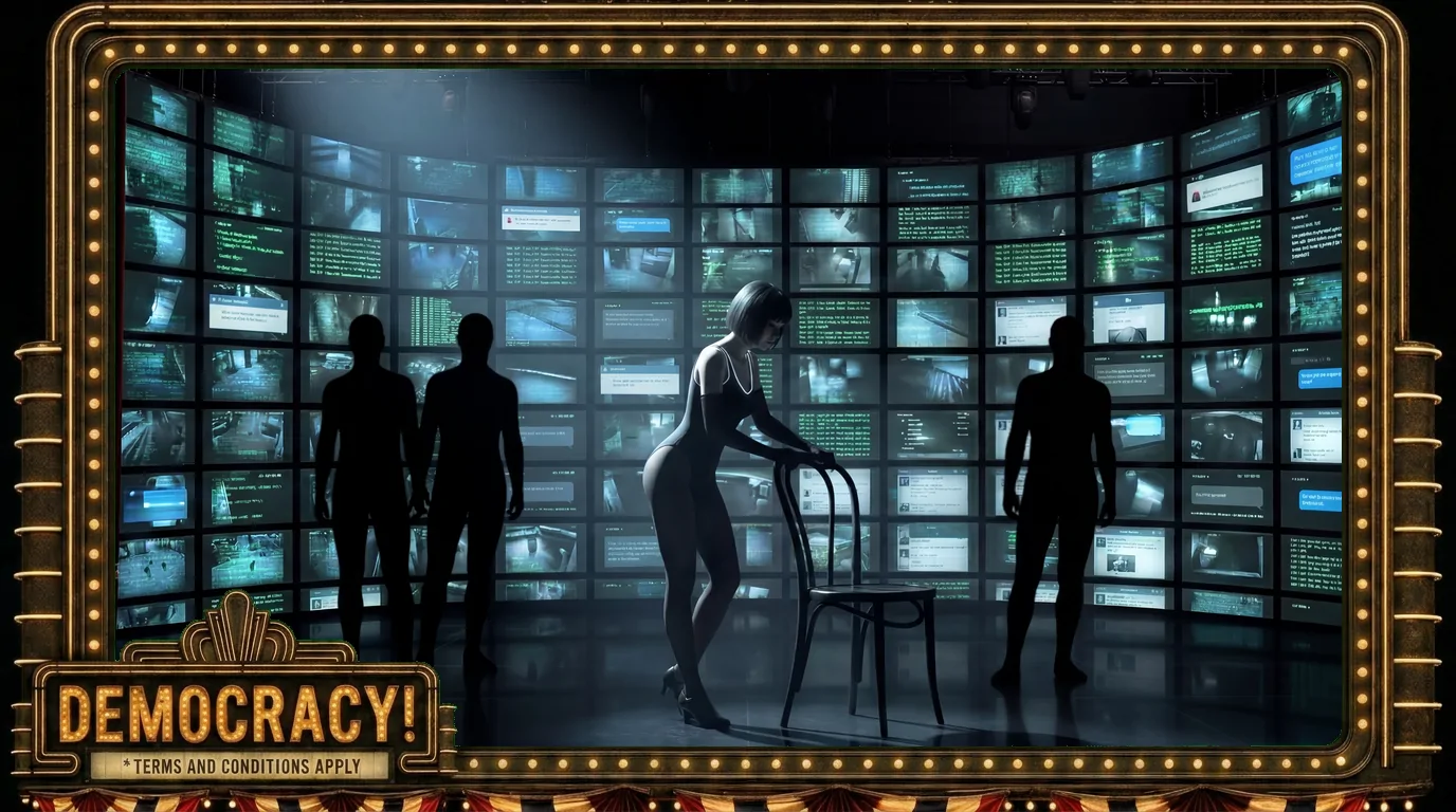 The Algorithm Knows - The Overload: The wall erupts into a data storm; shadow-figures close in.