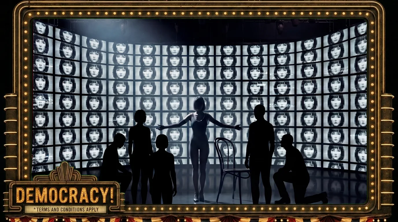 The Algorithm Knows - The Benediction: Her censored face multiplied across the grid, the congregation kneeling.